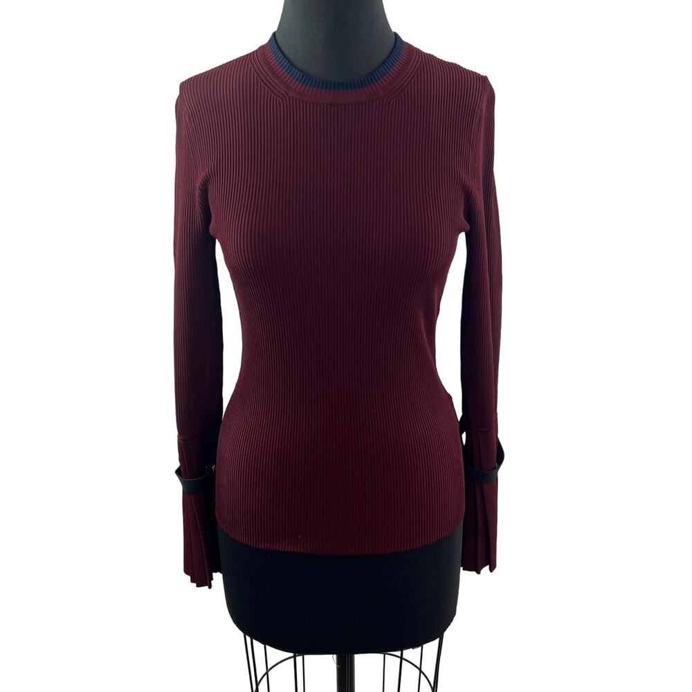 3.1 Phillip Lim Burgundy Ribbed Top Long Sleeves Pleated Cuffs Crewneck Size S